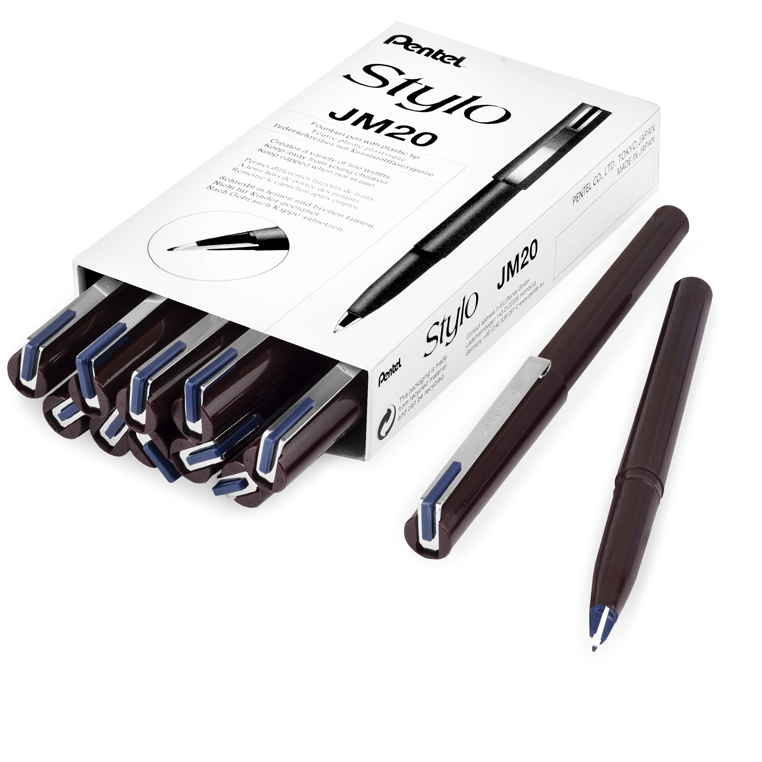 Pentel JM20 Stylo Disposable Fountain Pen – Navy Blue Ink - Pack of 12