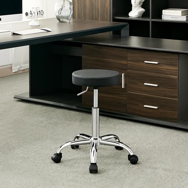 FIRAVOE ROLLING OFFICE STOOLS, ADJUSTABLE DRAFTING STOOL ON WHEELS 19.5″-26.6″, BLACK ERGONOMIC OFFICE CHAIR (BLACK)
