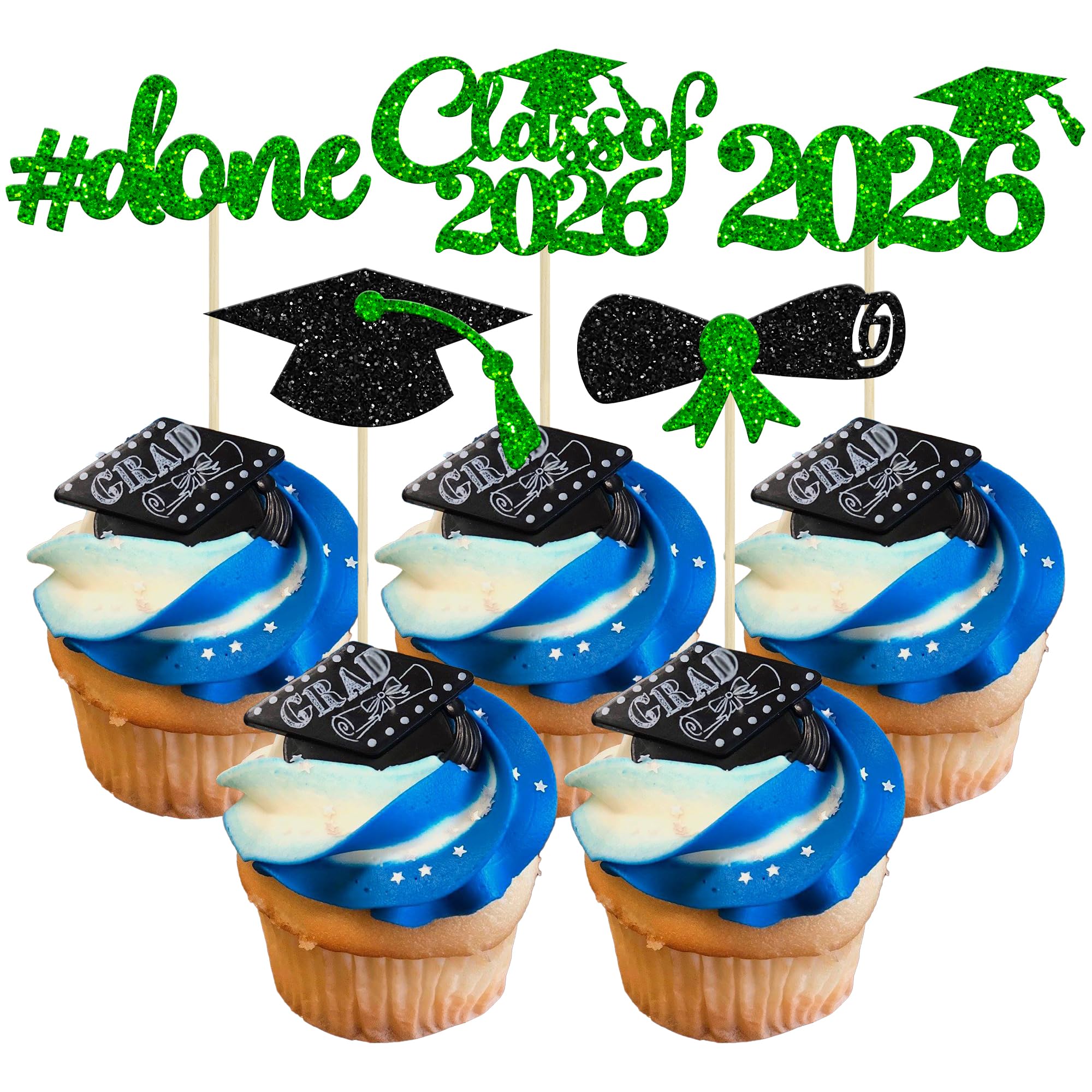 Gyufise 30Pcs 2026 Graduation Done Cupcake Toppers Green Glitter Class of 2026 Cupcake Picks Grad Cap Diploma Cake Decorations for 2026 Graduation Theme Party Cake Decorations Supplies — image 1
