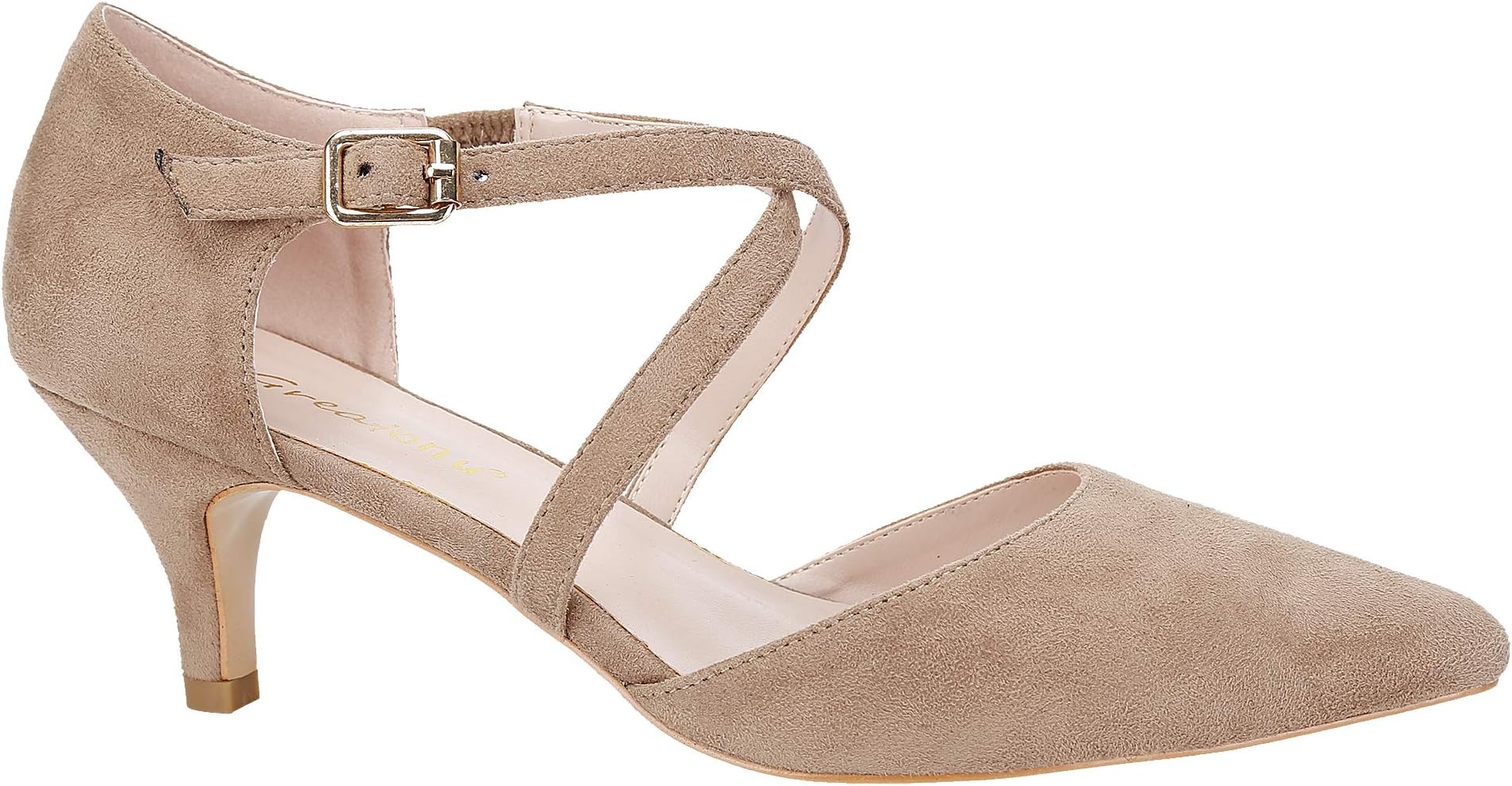 GreatonuWomens Ladies Pointed Toe Court Shoes Cross Strap Kitten Mid Low Heel Wedding Party Bridal Pumps Beige UK 6