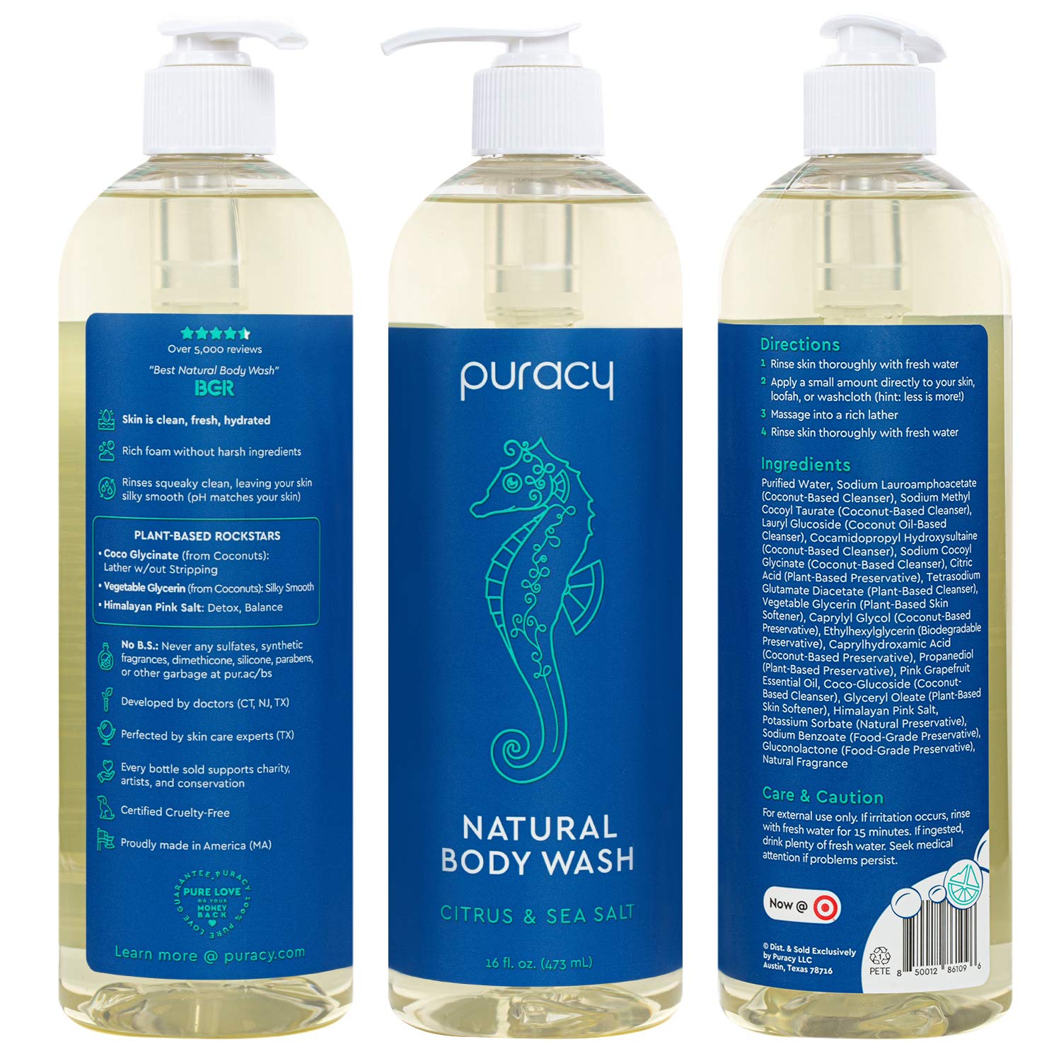 Puracy Body Wash, Citrus & Sea Salt, Natural Bath & Shower Gel for Men and Women, 16 Ounce (2-Pack) : Beauty