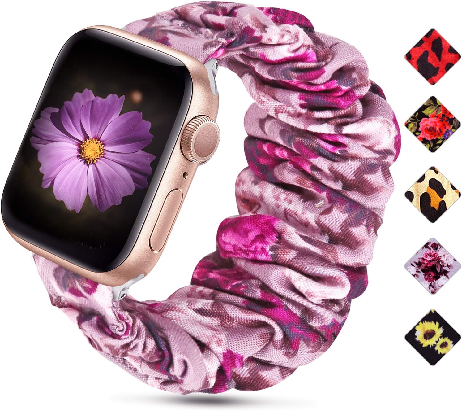 Huishang Scrunchie Watch Band Compatible for Apple Watch Band 38mm 42mm 40mm 44mm, Soft Pattern Replacement Wristband Women Compatible with iWatch Apple Watch Series 5 4 3 2 1(Purple Flower,38/40mm)