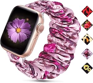 Huishang Scrunchie Watch Band Compatible for Apple Watch Band 38mm 42mm 40mm 44mm, Soft Pattern Replacement Wristband Women Compatible with iWatch Apple Watch Series 5 4 3 2 1(Purple Flower,38/40mm)