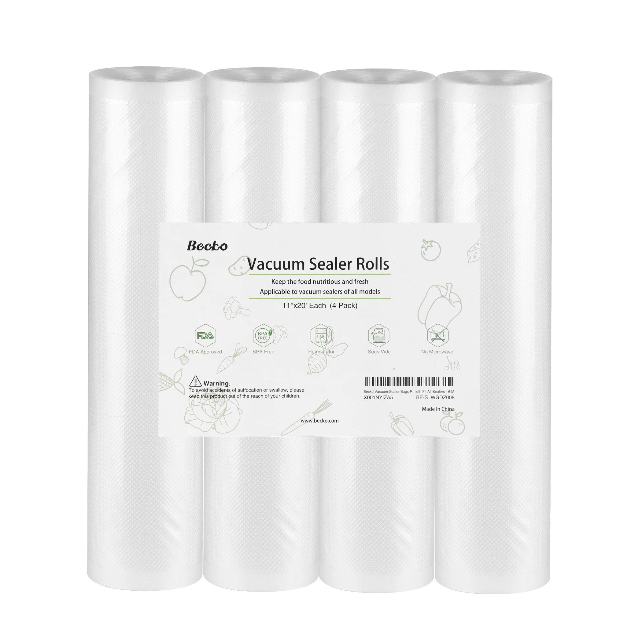 Becko US Vacuum Sealer Rolls for Foodsaver and Sous Vide, BPA and FDA Approved, Freely Tailored, Fit For Most Vacuum Sealers - 28cm (W) x 6m (L) - 4 Packs