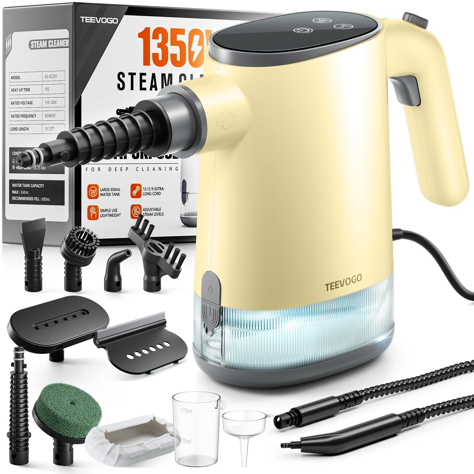 TEEVOGO Handheld Steam Cleaner for Home, Portable Steamer Cleaner with 12 Accessories, 15S Fast Heat Up, Steam Adjustable, Steamer for Cleaning Grout, Floor, Kitchen, Bathroom, Windows, Yellow
