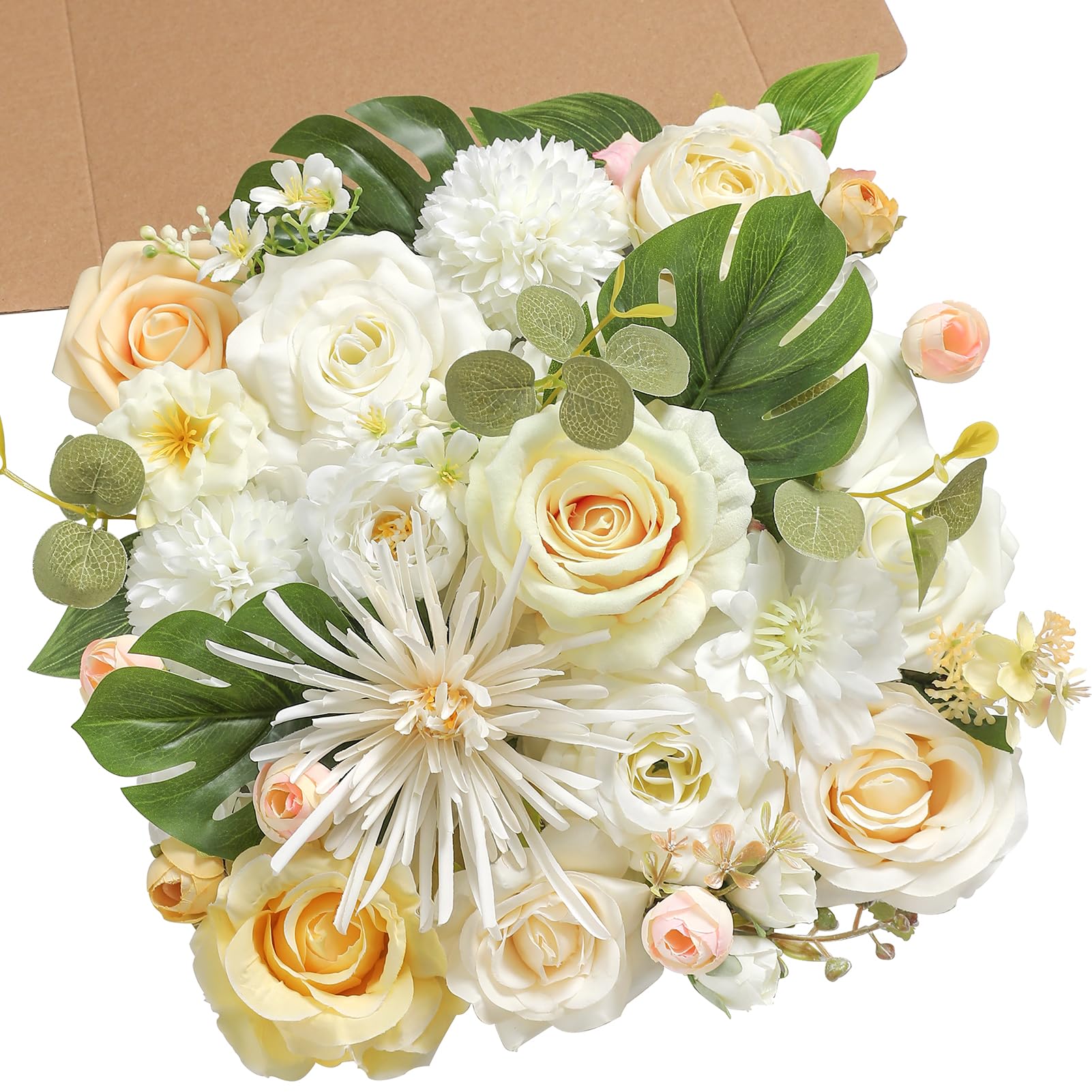 rongflower Artificial Flowers Combo Set Fake Flower Leaf Box with Stemst for DIY Wedding Bridal Bouquet, Centerpieces, Home Decor, Floral Arrangement Decor(White Green)