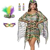 Aitsite 4Pcs Mardi Gras Outfit for Women,Shawl Scarf with Mardi Gras Accessories Including Mask Feather Headband Earrings