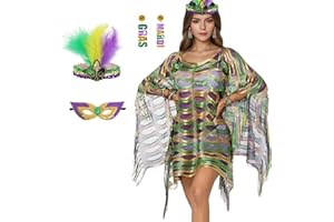 Aitsite 4Pcs Mardi Gras Outfit for Women,Shawl Scarf with Mardi Gras Accessories Including Mask Feather Headband Earrings