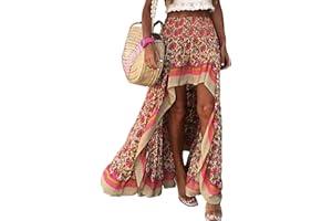 BTFBM Women 2025 Summer Spring Boho Long Skirts Dress Floral Print Elastic Waist Split Ruffle High Low Beach Maxi Skirt