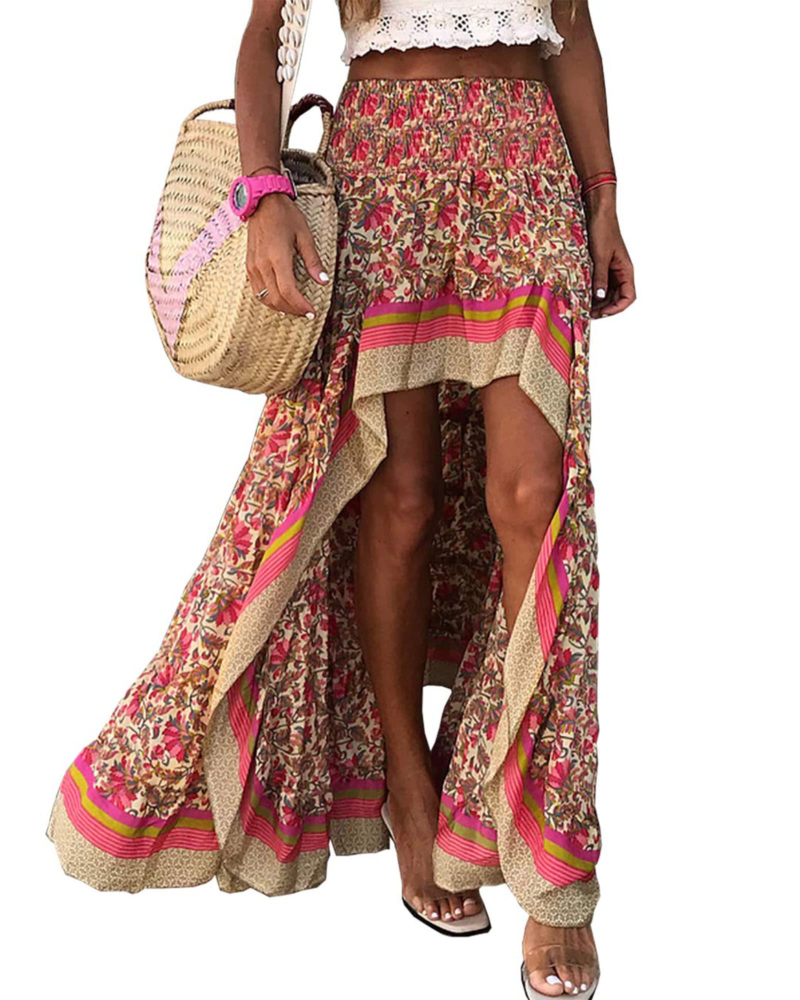Photo 1 of BTFBM Women 2025 Summer Spring Boho Long Skirts Dress Floral Print Elastic Waist Split Ruffle High Low Beach Maxi Skirt(X-Red, Small)