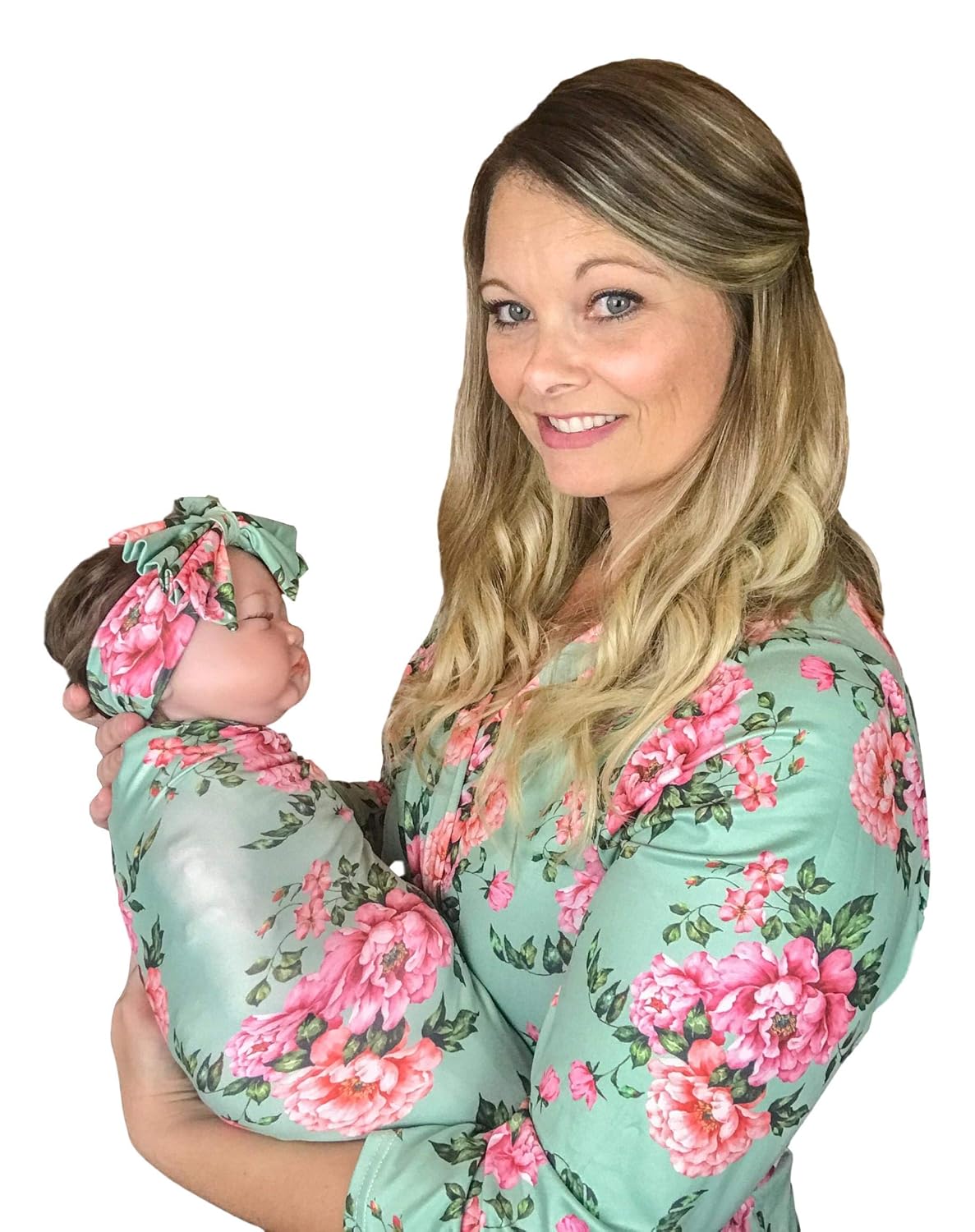 mother and baby matching robe and swaddle