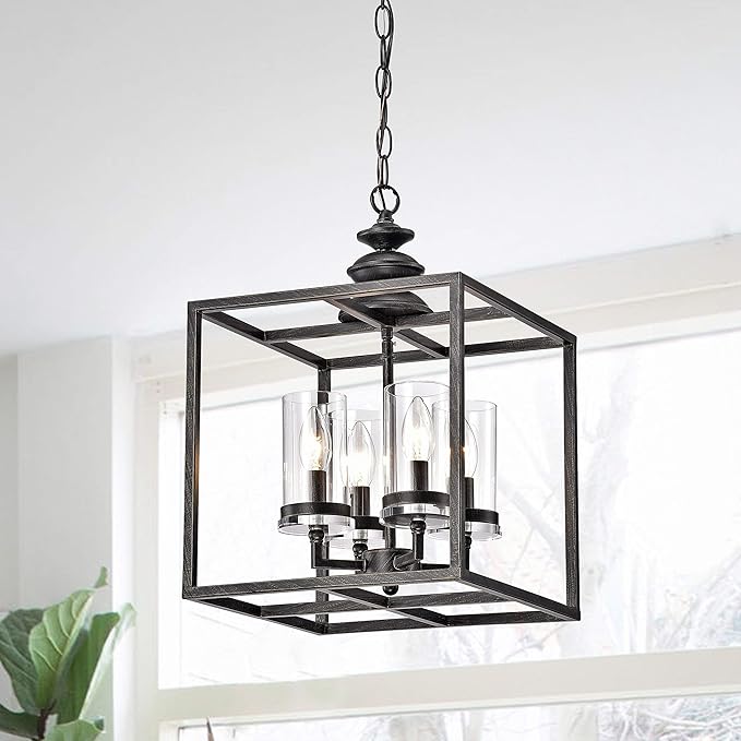 Black 4Light Lantern Pendant Cage Fixture Geometric