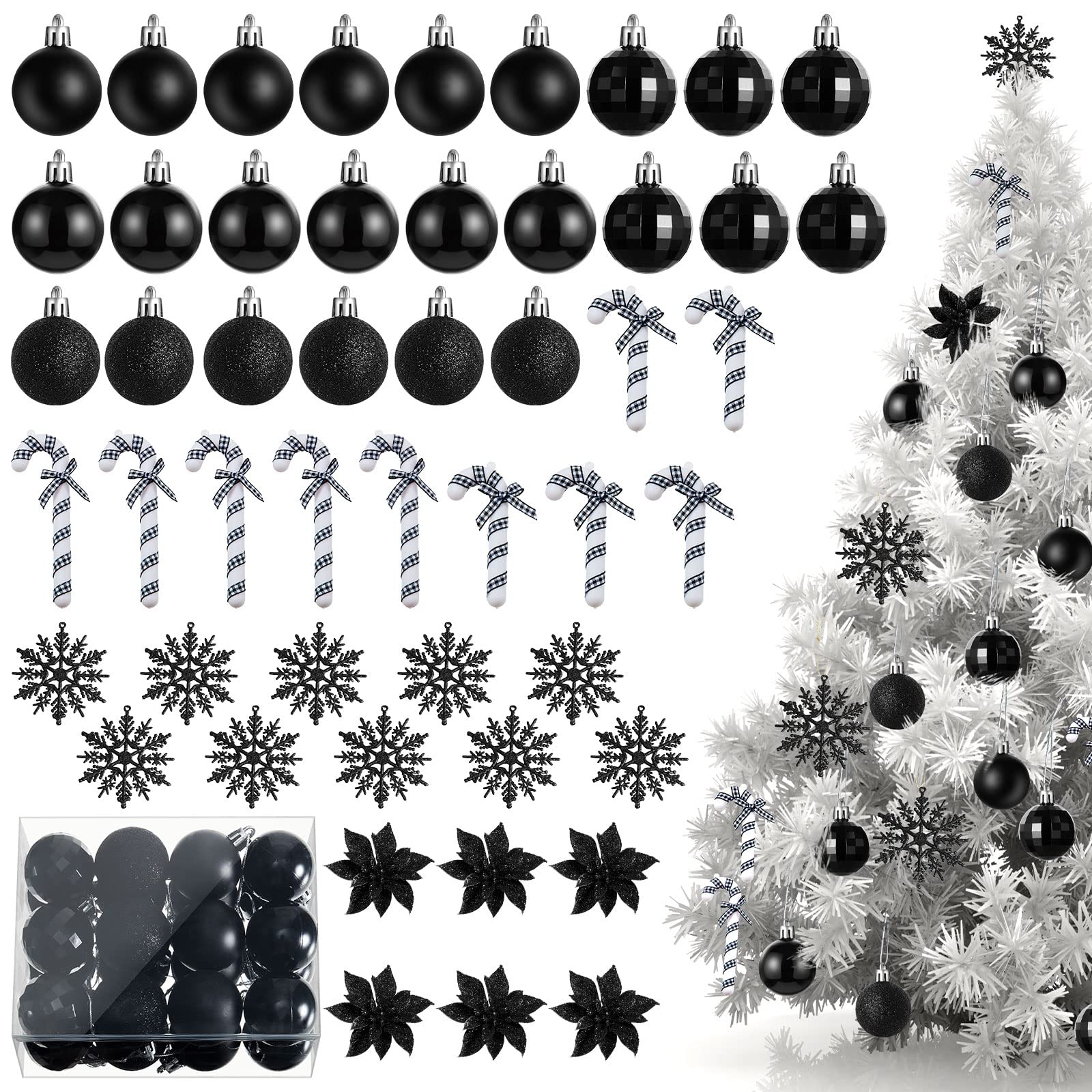 Harrycle 50 Pcs Black Christmas Tree Decorations Christmas Baubles Small Ball Ornaments Artificial Glitter Snowflake Decorative Poinsettia Flowers Candy Cane for Xmas Tree Topper Outdoor Home