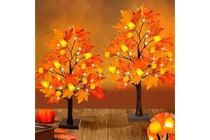 COUAH [2 Pack & Timer] 24 Inch Artificial Fall Lighted Maple Tree Thanksgiving Decorations with 24 LED Lights Battery Operated Detachable Tabletop Maple Tree for Indoor Home Fall Harvest Thanksgiving Decor