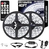 JNGMAIR 40ft LED Strip Lights with Remote, 6500K Daylight White Dimmable Tape Lights, 12V 720 LEDs 2835 Strong Adhesive Rope Lights for Cabinet Kitchen Ceiling Closet Vanity Mirror Stairway Basement