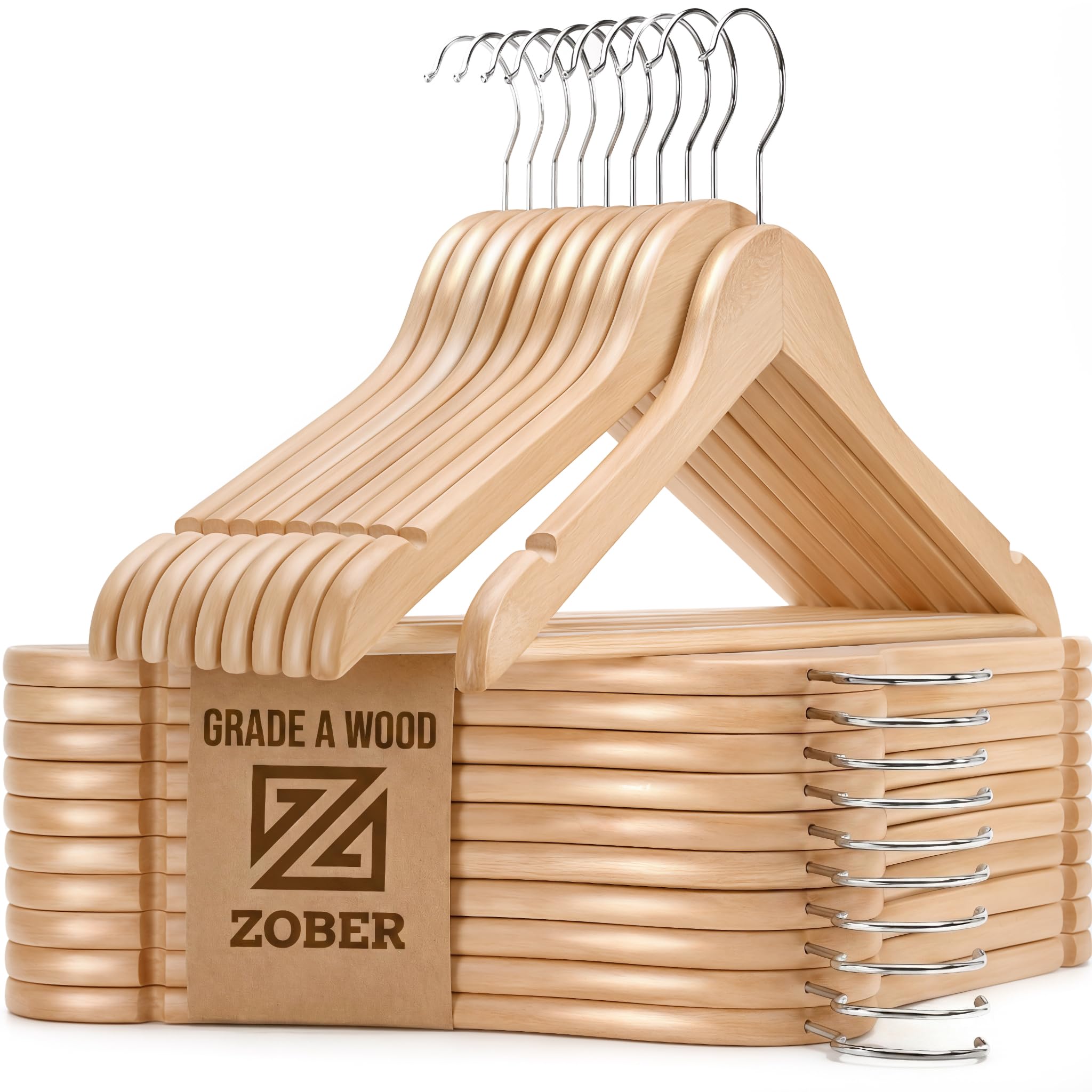Wooden Hangers - 20 Pack, Heavy Duty, Non Slip Wood Hangers for Coats, Jackets, Suits, & Pants - Clothes Hangers for Closet W/Bar and Notches