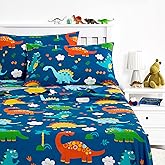 Wake In Cloud - Dinosaur Bed Sheets for Boys, 100% Cotton, 4-Piece Sheet Set Kids, Cute Colorful Cartoon Animal Leaf Tree Pattern Printed Bedding, Deep Pocket, Navy, Full Size