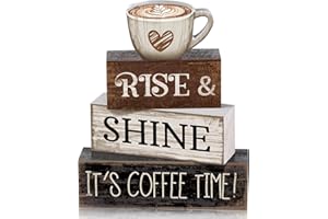 Moucuny 4 Pcs Farmhouse Coffee Bar Sign Decor Wooden Cup Rise & Shine It's Coffee Time Rustic Wood Café Sign Gift for Home Kitchen Tabletop Decor