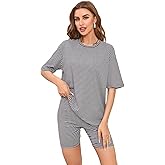 WDIRARA Women's 2 Piece Striped Outfits Crewneck Half Sleeve Top Skinny Shorts Lounge Set Casual Tracksuit