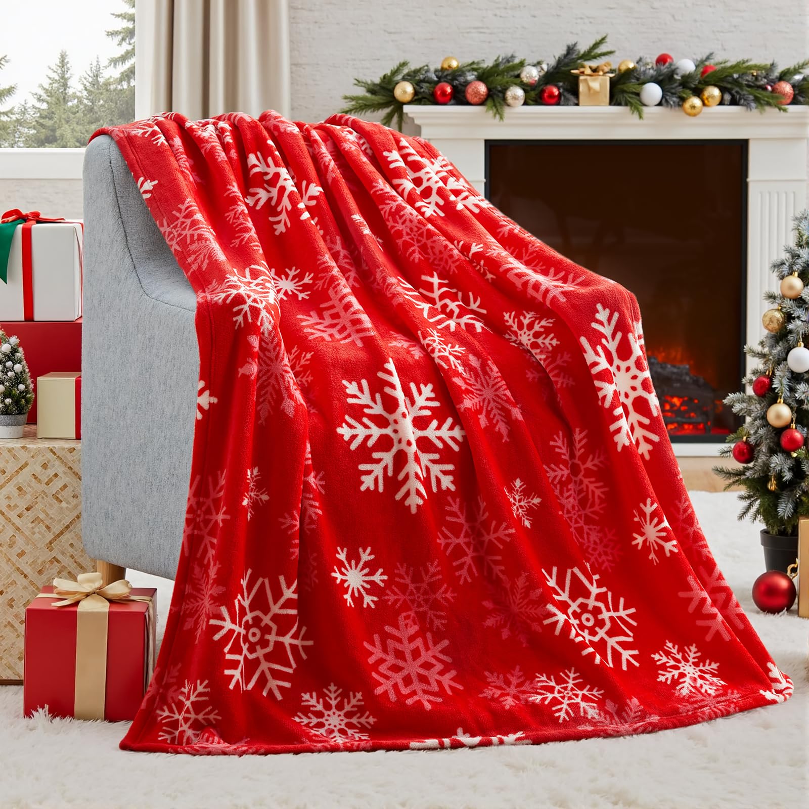 Joiedomi 130x150cm Red Snowflake Christmas Throw Blanket, Soft Flannel Blanket, Warm Plush Christmas Decoration, Winter Cozy Holiday Cabin Throw for Sofa Couch (Red) — image 1