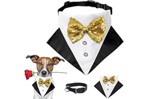 MIDUFRRY Dog Tuxedo Costume Wedding Dog Bandana Nylon Collar Suit with Gold Bow Tie Adjustable Black Tux Formal Dog Clothes for Small Medium Large Dog Pet Birthday Costumes Christmas Dress Outfits