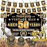 50th Birthday Decorations for Him Men, Black Gold 75Pcs Vintage 50th Birthday Party Tableware Set Sash Hanging Swirls Balloon Backdrops Banner Cheers to 50 Years Paper Plates Napkins for 16 Guests