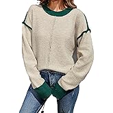 SunnyMelody Womens Oversized Cute Color Block Crew Neck Sweater 2025 Winter Long Sleeve Trendy Ribbed Knit Pullover Sweaters