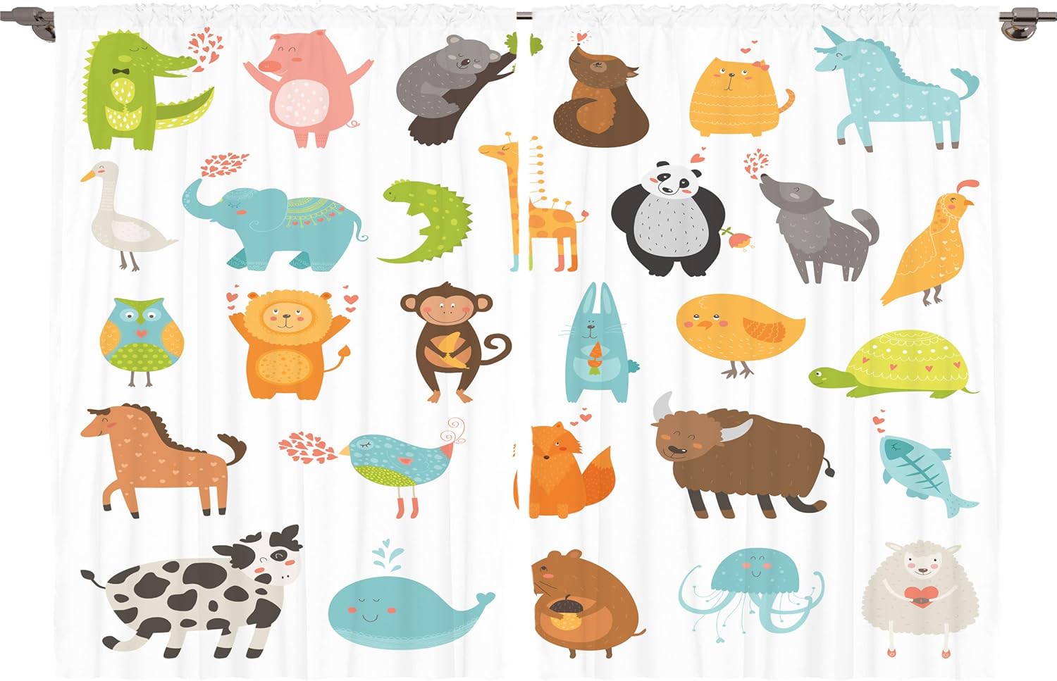 Ambesonne Baby Toddlers Room Decor Collection, Pattern with Zoo Animals Love Hearts Art Baby Shower Decorations, Window Treatments for Kids Bedroom Curtain 2 Panels Set, 108X84 Inches, White Orange
