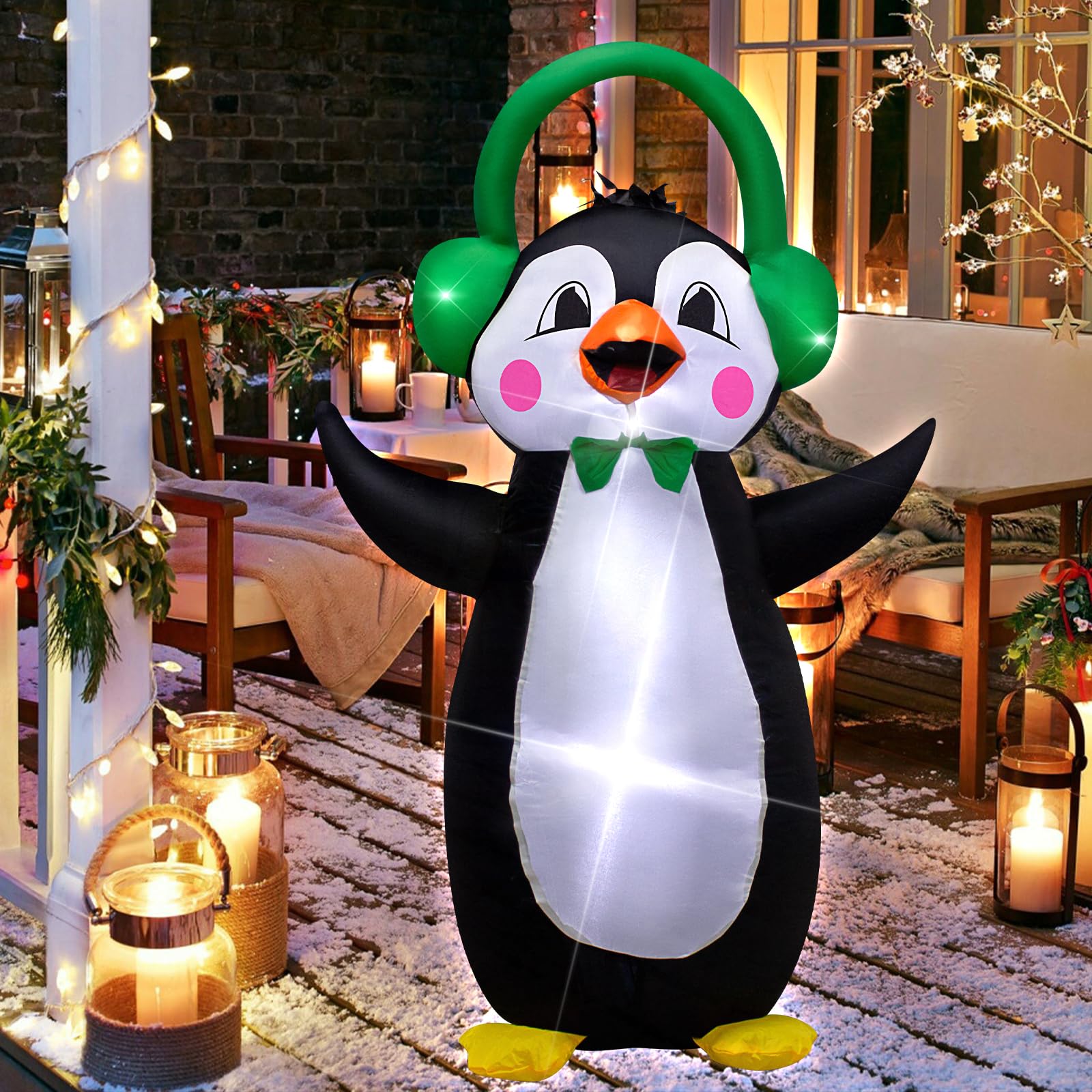 4ft Christmasin inflatable penguin: Christmas Inflatable Green Headset Penguin with Built-in LED Lights, Christmas Inflatable Decoration Outdoor and Indoor