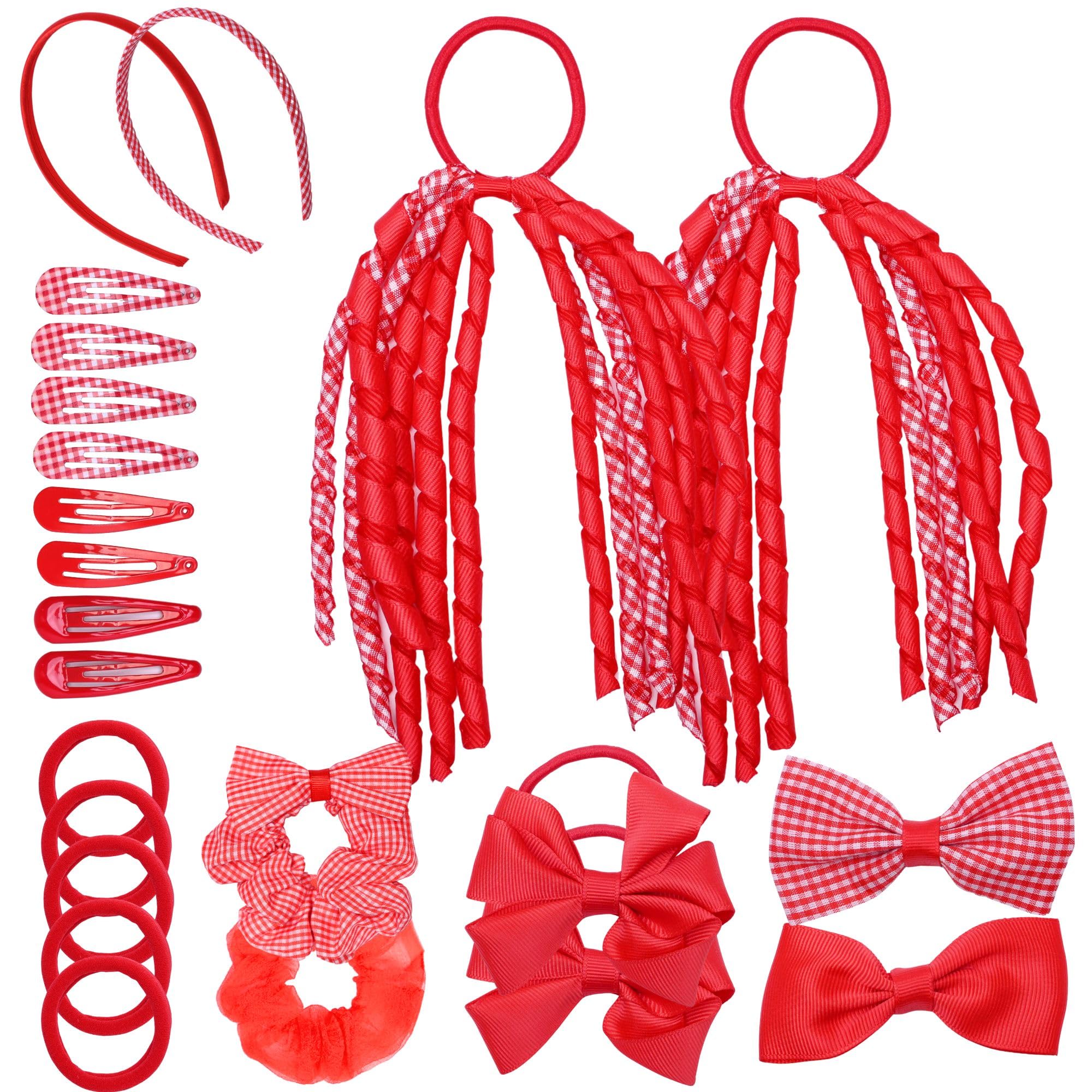 Basic Sense Gingham Girl Hair Accessories Set 23 Pieces Hair Ties, Pins, Scrunchies, Ribbon Ponytail Holder Summer School Check Uniform, Red