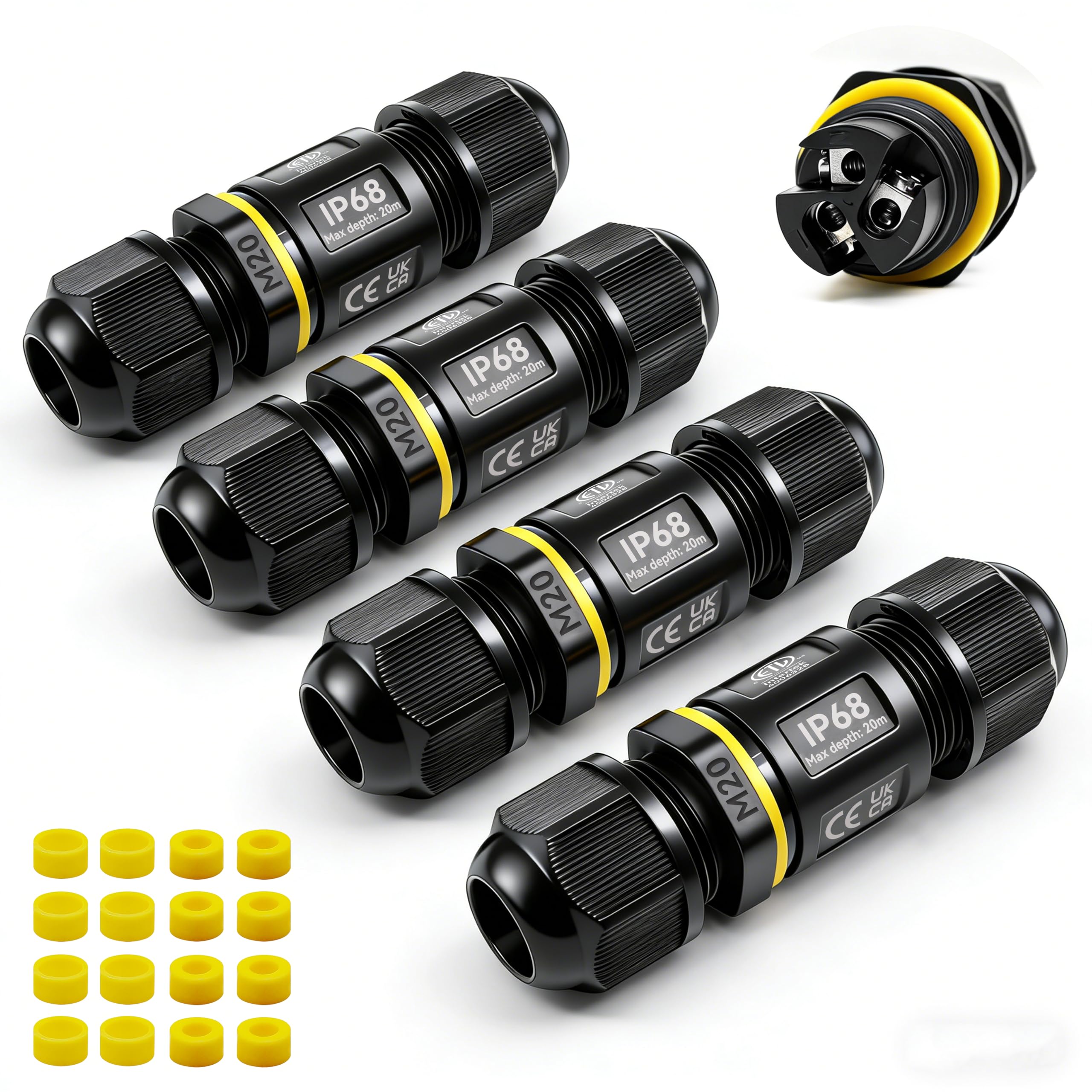 HUYU 4 PCS IP68 Waterproof Junction Box Outdoor Cable Connector, External Connector Sleeve Coupler 2 Way Mains Electrical Weatherproof Block Connector Ø5mm-Ø12mm