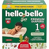 Hello Bello Dr. Seuss Baby Grinch Premium Diapers, Size 1 (8-12 lbs), 82ct Plus Bonus Baby Wipes: Softness & Protection for Sensitive Skin