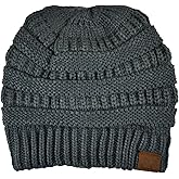 C.C Unisex Chunky Soft Stretch Cable Knit Warm Fuzzy Lined Skully Beanie, Teal Gray
