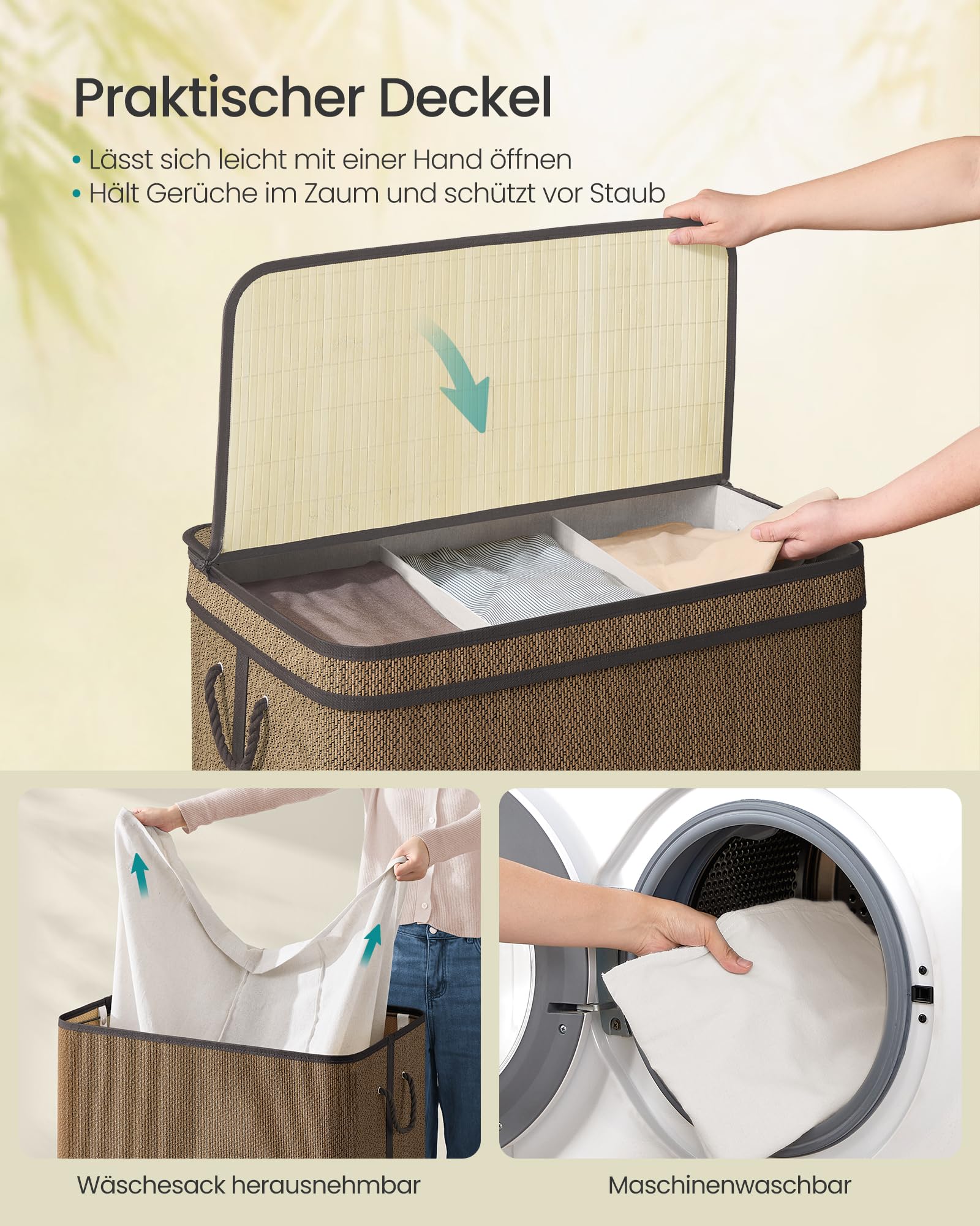 SONGMICS Wäschekorb 3 Fächer, Wäschesammler Bambus, 170 Liter, Wäschesack herausnehmbar und maschinenwaschbar, mit Deckel, Griffe, für Waschküche, Schlafzimmer, Wohnzimmer, braun LCB069K01 3