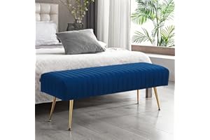 Furniliving Bedroom Bench Velvet Ottoman Bench with Skin-Friendly Velvet, 44.8’’ Upholstered End of Bed Bench, Soft Indoor Benches with Golden Finished Tapered Legs for Living Room, Entryway, Blue