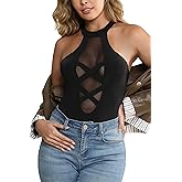 Ladies & Men's story Women's Criss Cross Halter Neck Double Lined Bodysuit Contrast Mesh Going Out Tops