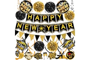 Famoby Happy New Year Paper Banner Triangle Flag Bunting Pom poms Swirls Streamers & Balloons for New year Party Decoration