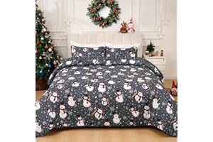 Invoibler Christmas Quilt Set Queen Size 3 Piece Snowman Snowflake Bedding Set Reversible Winter Snow Grey Plaid Holiday Quilt Xmas Bedspread Coverlet (1 Quilt, 2 Pillow Shams)