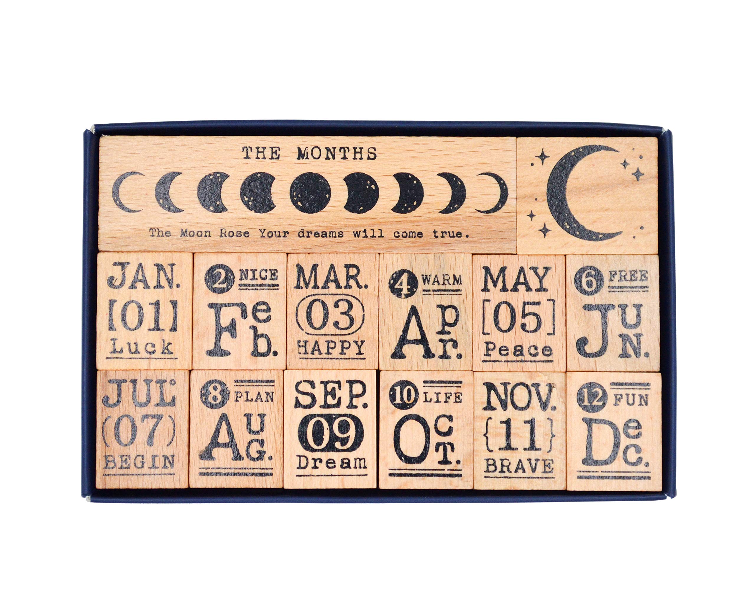 Cliocoo 14pcs Wood Rubber Stamp Set, 12 Months Decorative Wooden Stamp Set, Moon Phase Stamps for Art Craft, Journal, Diary, Scrapbook, Planner, Letter, Card Making M-56