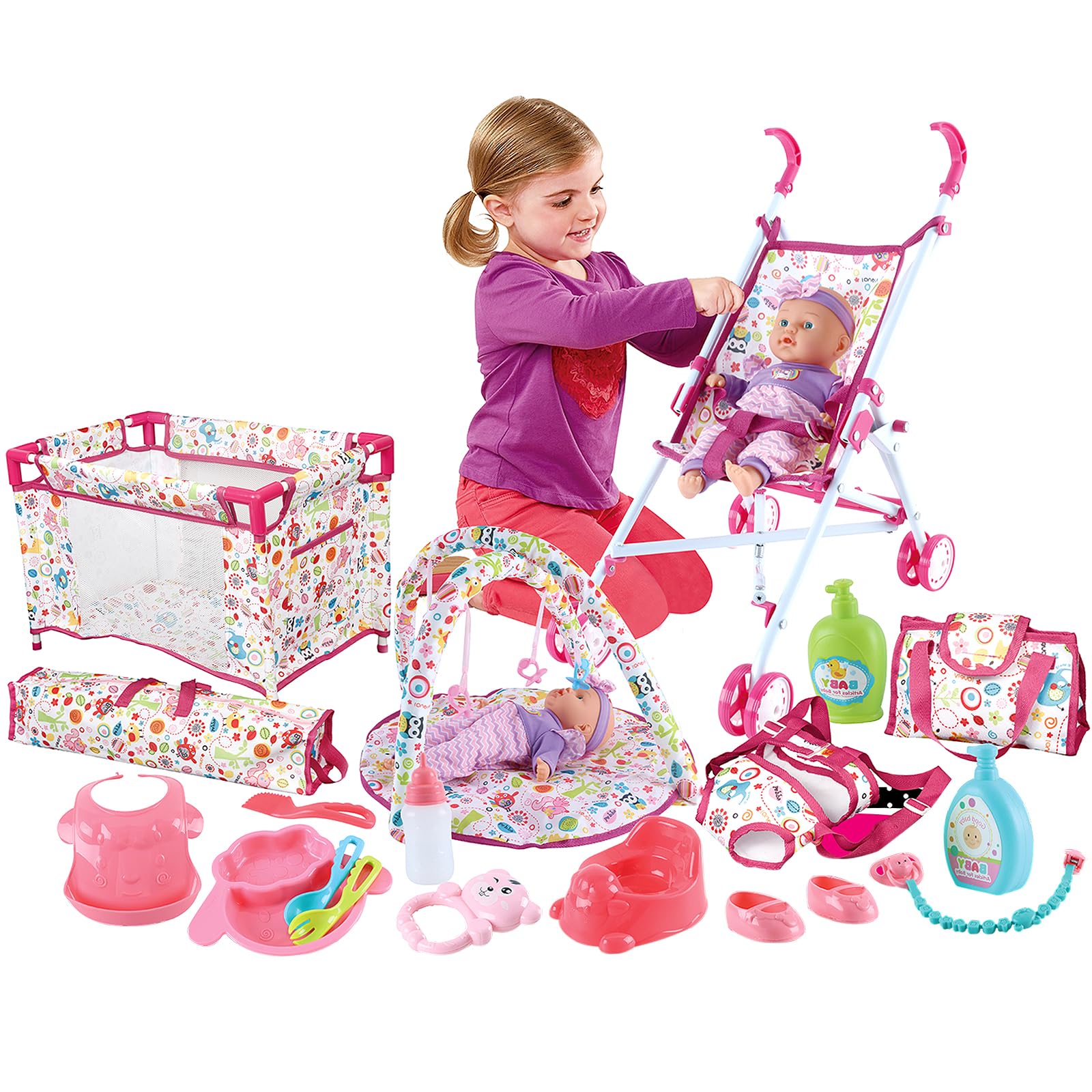 deAO Kids 5-in-1 Role Play Deluxe Baby Doll Playset with Play Mat, Travel Cot, Baby Carrier, Stroller and Travel Bag (Doll Not Included)