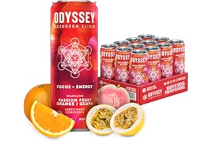 Odyssey Elixir Sparkling Adaptogen Drink, Low Calorie Drinks, L Theanine, Lions Mane, Cordyceps & Green Tea Caffeine for Energy & Focus, Non-GMO, Vegan, Passion Fruit Orange Guava, 12 Fl oz, 12 Pack