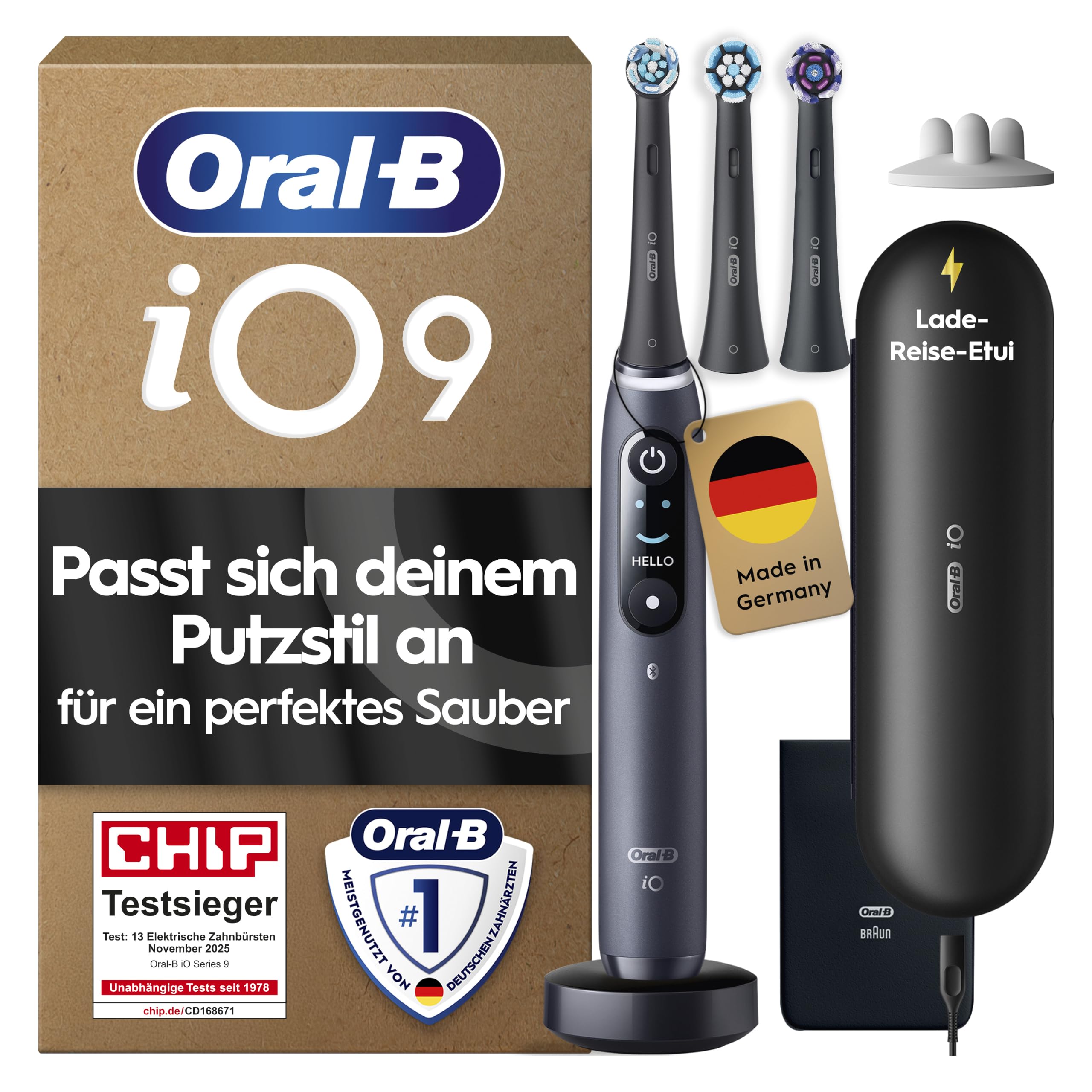 Oral-B iO - unsere fortschrittlichste Technologie mit individuell angetriebenen Borsten und von ZahnärztInnen inspiriertem runden Bürstenkopf | Inkl. 3 Aufsteckbürsten, Lade-Reise-Etui, CHIP Testsieger (11/25), Electric Toothbrush mit 7 Modi für Zahnpflege