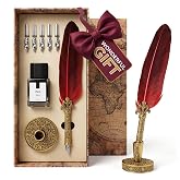 Kotko Quill Pen and Ink Set with 5 Spare Nibs, Inkwell and Quill Stand, Red | Goose Feather Pen Ink, Stainless Steel Nib; Vintage Design; Halloween Decor; Calligraphy, Drawing &amp; Signatures; Writing Gifts