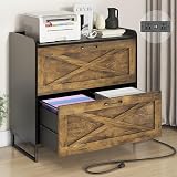 Halitaa Lateral File Cabinet with Charging Station, 2 Drawer File Cabinet for Letter/Legal/A4 Size Hanging Files, Large Wood File Storage Cabinets, Rustic Brown and Black