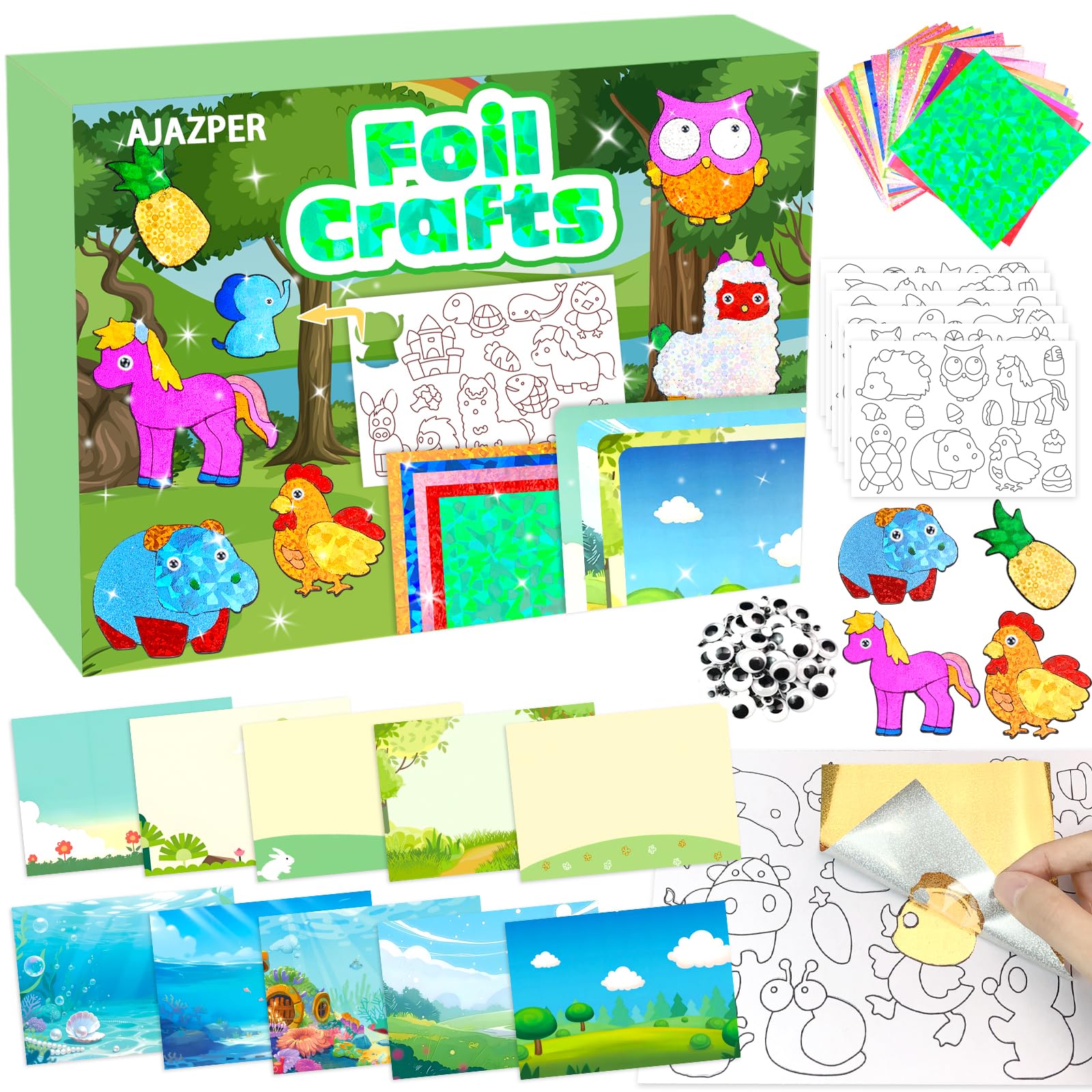 AJAZPER Foil Crafts for Kids, Arts Kit for Kids, Art & Craft Supplies Kits, DIY Creative Activity Travel Toy Gift, Ideal Birthday Christmas Party Favor Gifts for Girls Boys Ages 4+ (Green)