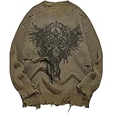 BEAUDRM Men's Graphic Grunge Sweater Long Sleeve Crew Neck Knitted Distressed Pullover Top Punk Ripped Goth Sweater