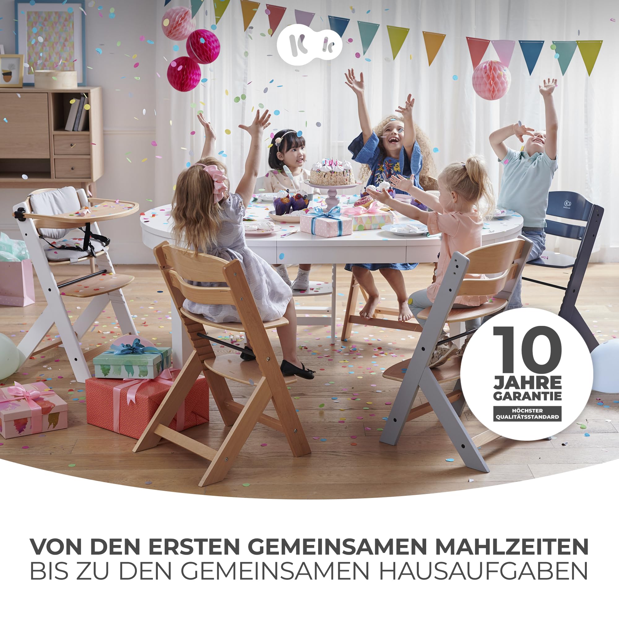 Kinderkraft ENOCK Hochstuhl & Kinderstuhl 2in1 aus Buchenmassivholz, mitwachsend von 6 Monaten bis 10 Jahre, verstellbare Rückenlehne & Fußstütze, 3-Punkt-Gurt, bis 35 kg, Grau 2
