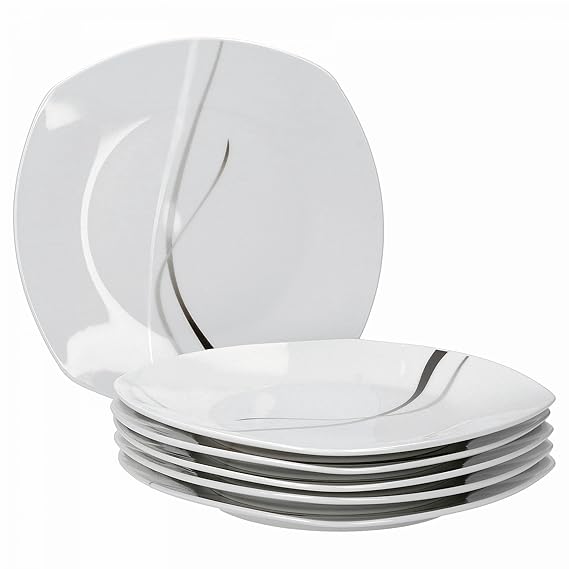 Van Well 6er Set Dessertteller Silver Night, Kuchenteller, kleiner Speiseteller, 185 x 185 mm, Servierteller, Porzellan, abst