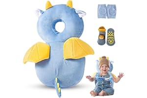 HippoBaby Baby Head Protector Backpack – Toddler Safety Cushion for Crawling & Walking – Infant Fall Protection Pillow with Adjustable Straps – Comes with Knee Pads & Non-Slip Baby Socks (Blue Dragon)