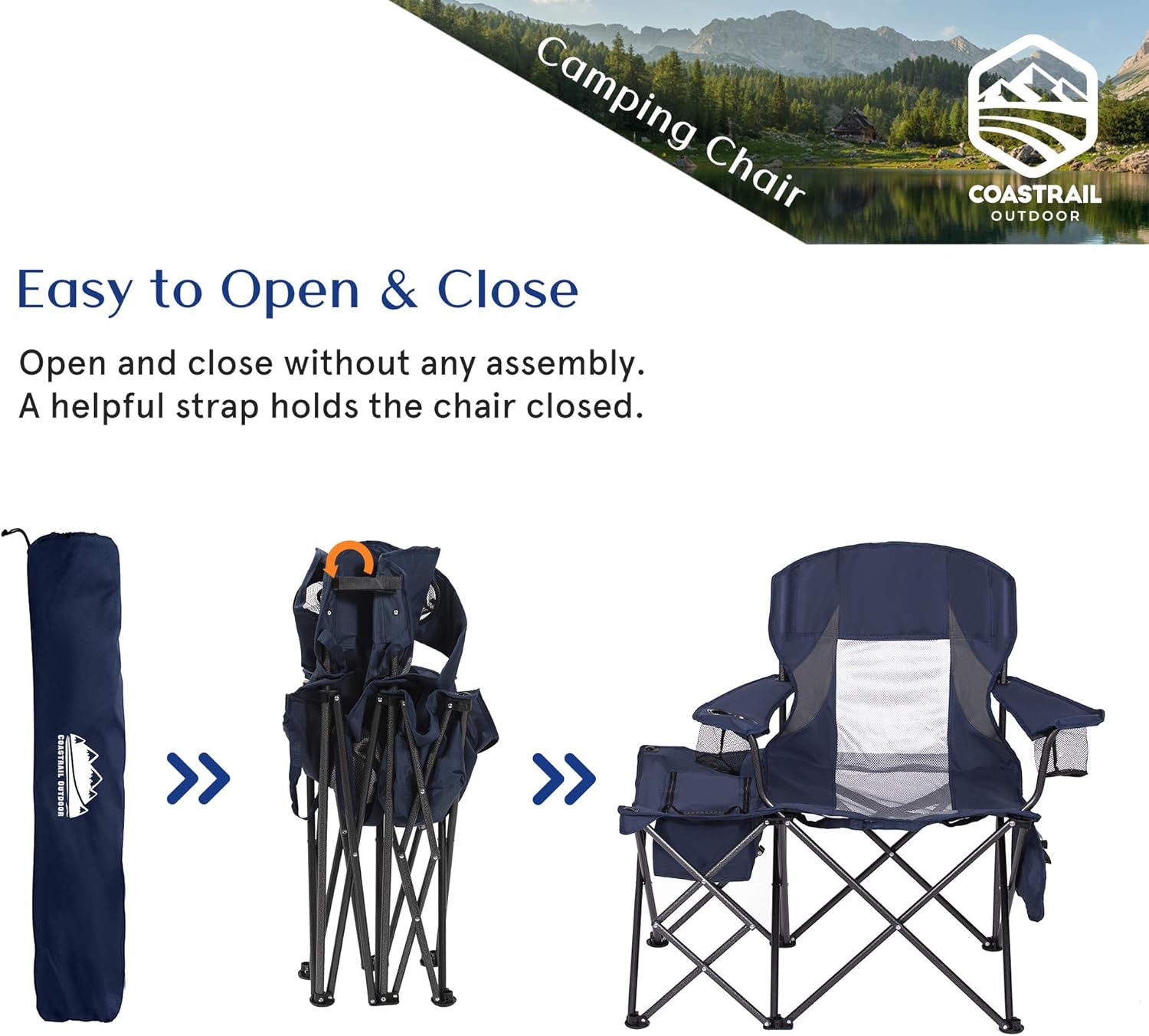 Coastrail Outdoor Folding Camping Chairs with Cooler Table Side Bag, Heavy Duty Steel 300 LBS Capacity for Adults Portable Compact Camp Chair with Cup Holder & Storage, Navy, Navy&Gray, Large : Sports & Outdoors